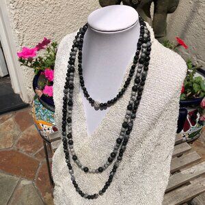 Three-strand natural stone & sterling silver beaded necklace (black/grey)